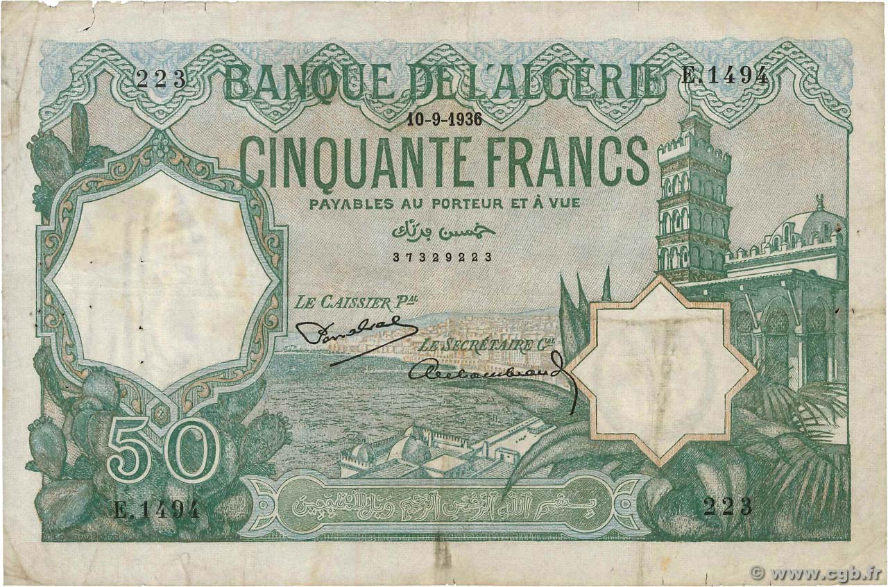 50 Francs ALGERIEN  1936 P.080a fSS