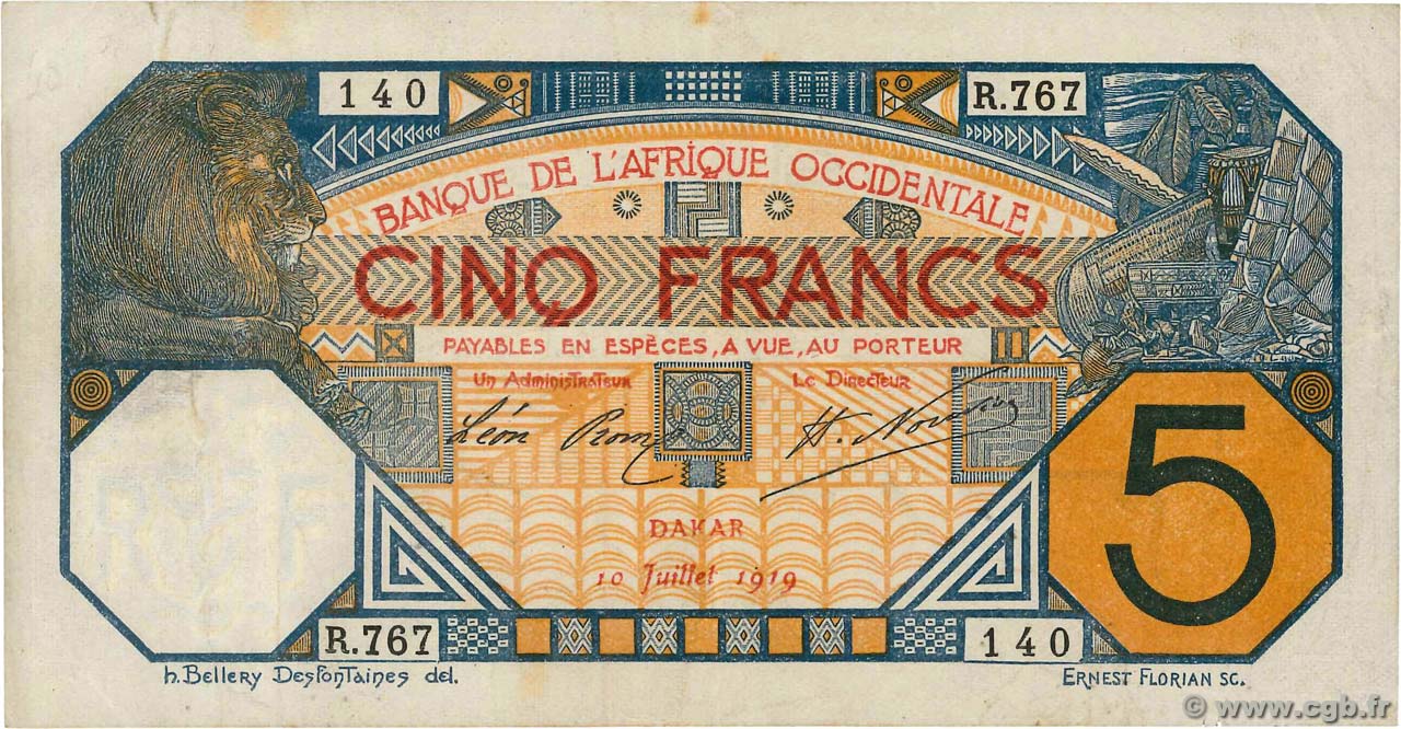 5 Francs DAKAR AFRIQUE OCCIDENTALE FRANÇAISE (1895-1958) Dakar 1919 P.05Ba TTB