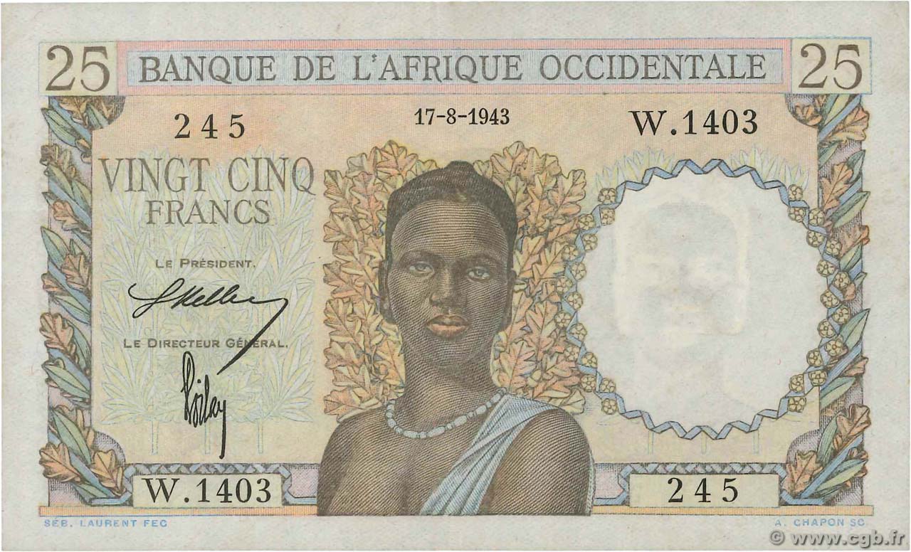 25 Francs FRENCH WEST AFRICA  1943 P.38 XF