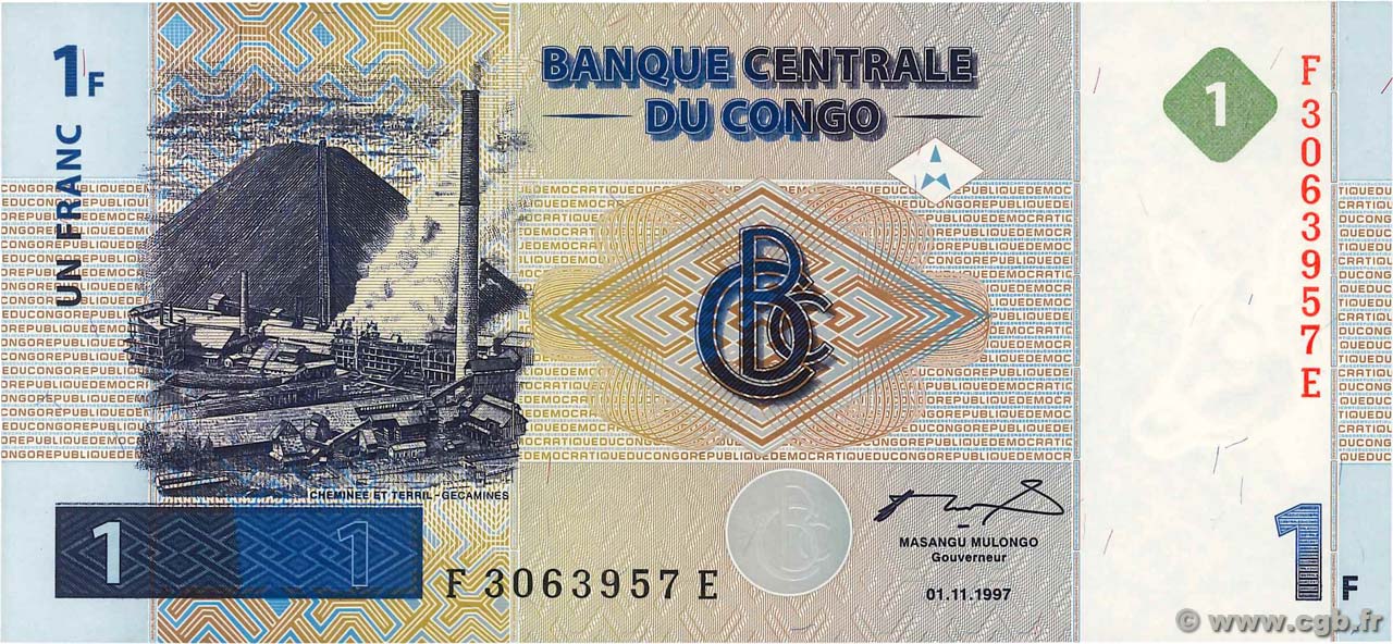 1 Franc RÉPUBLIQUE DÉMOCRATIQUE DU CONGO  1997 P.085a NEUF
