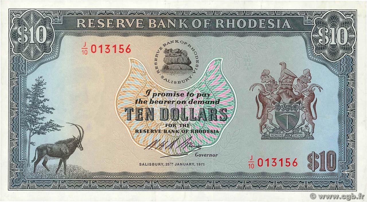 10 Dollars RHODESIEN  1971 P.33c fST+