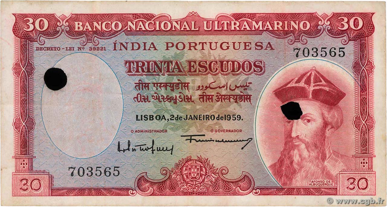 30 Escudos Annulé PORTUGIESISCH-INDIEN  1959 P.041 SS