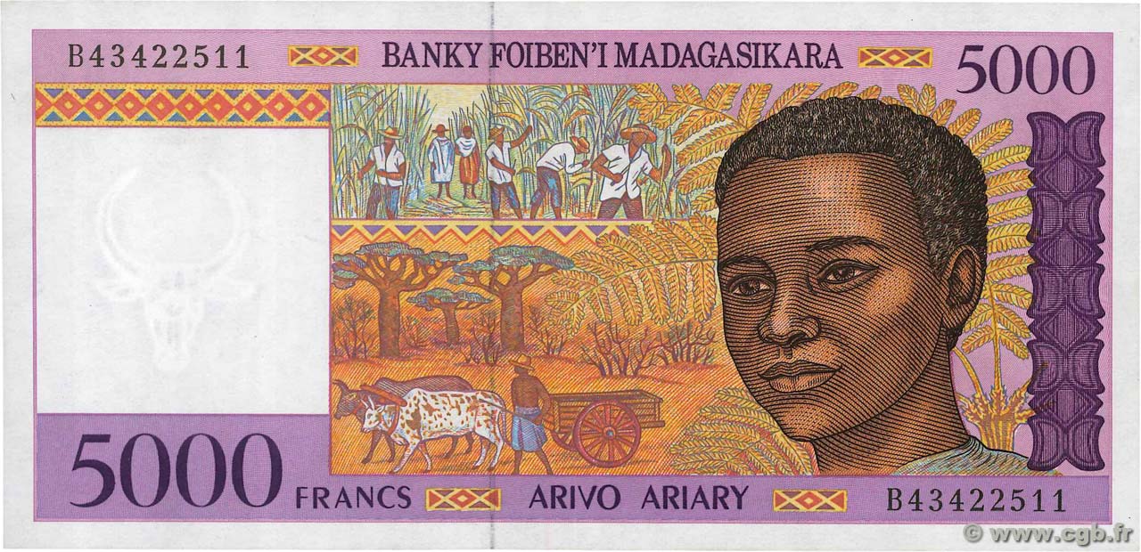 5000 Francs - 1000 Ariary MADAGASCAR  1994 P.078b EBC