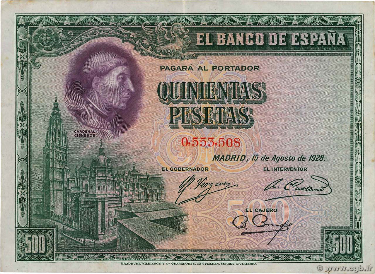 500 Pesetas SPAIN  1928 P.077a XF