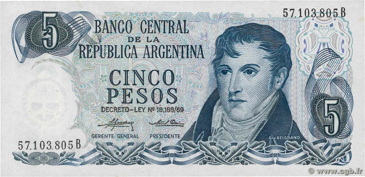 5 Pesos ARGENTINA  1974 P.294 UNC