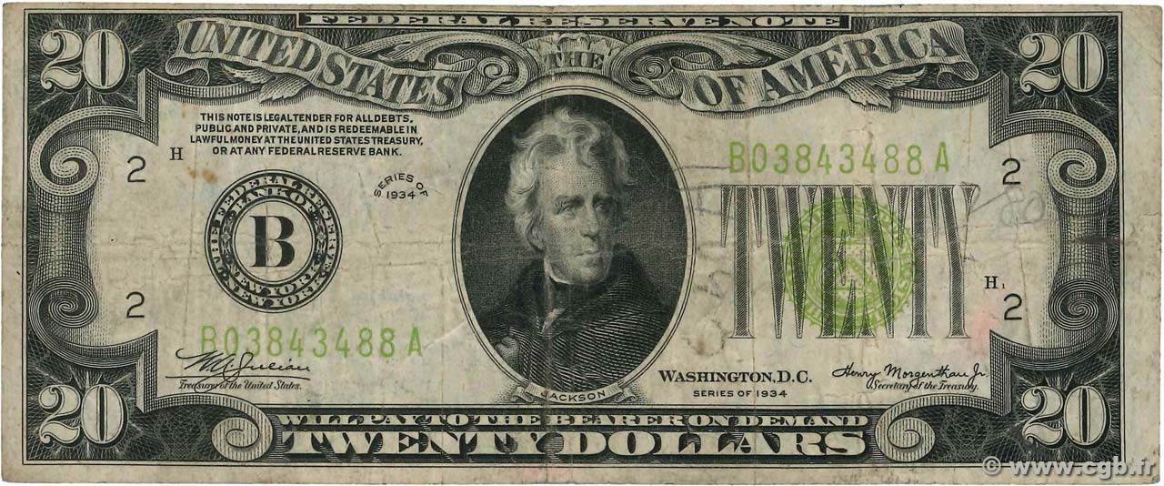 20 Dollars ESTADOS UNIDOS DE AMÉRICA New York 1934 P.431Da BC