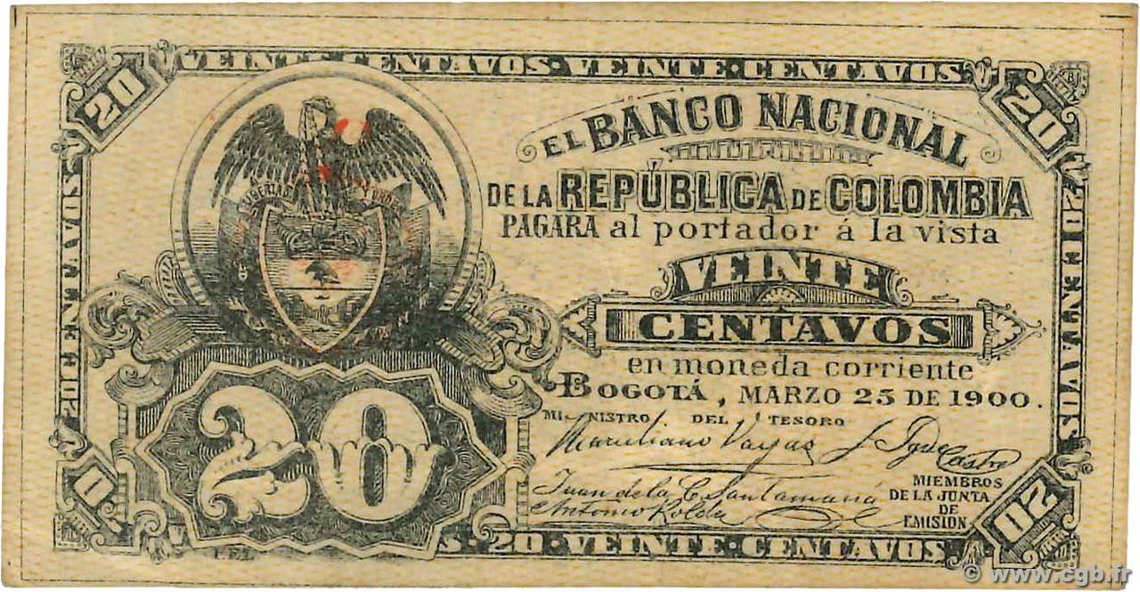 20 Centavos COLOMBIA  1900 P.264 MBC