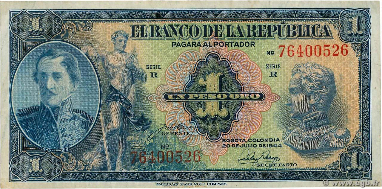 1 Peso Oro COLOMBIA  1942 P.380d SPL