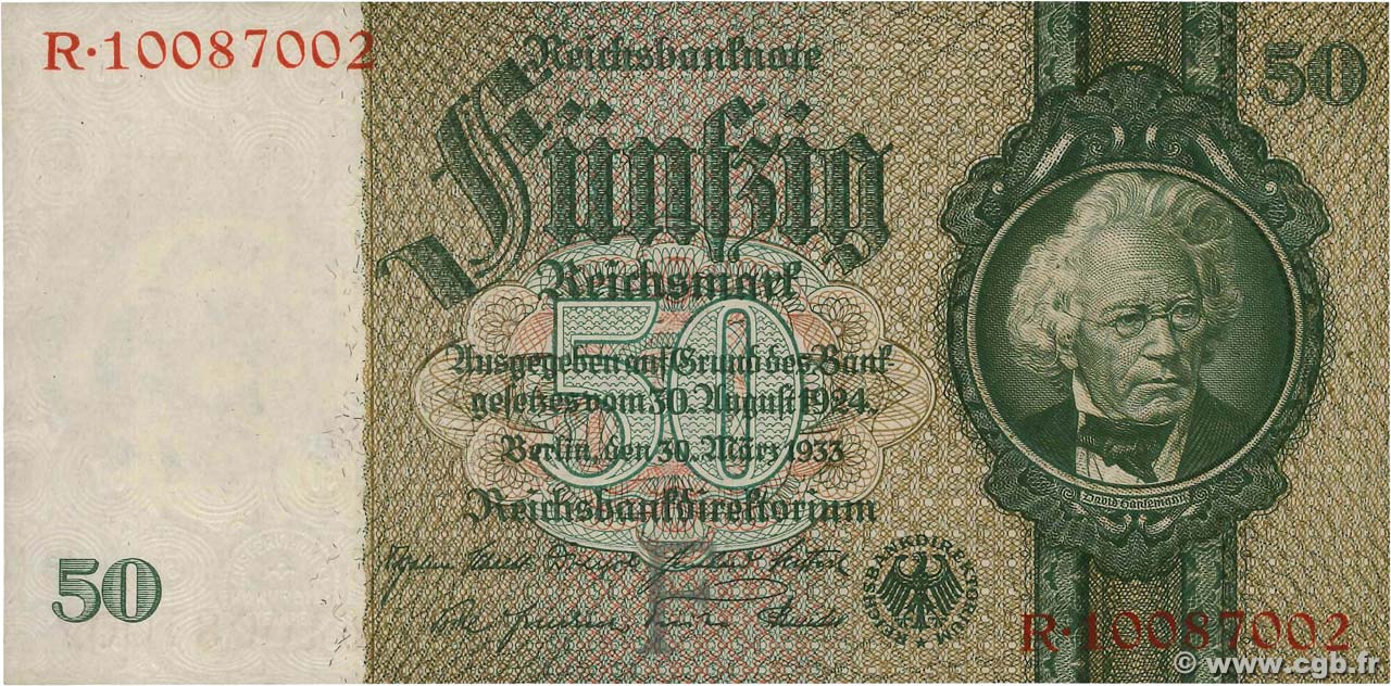 50 Reichsmark ALEMANIA  1933 P.182a FDC