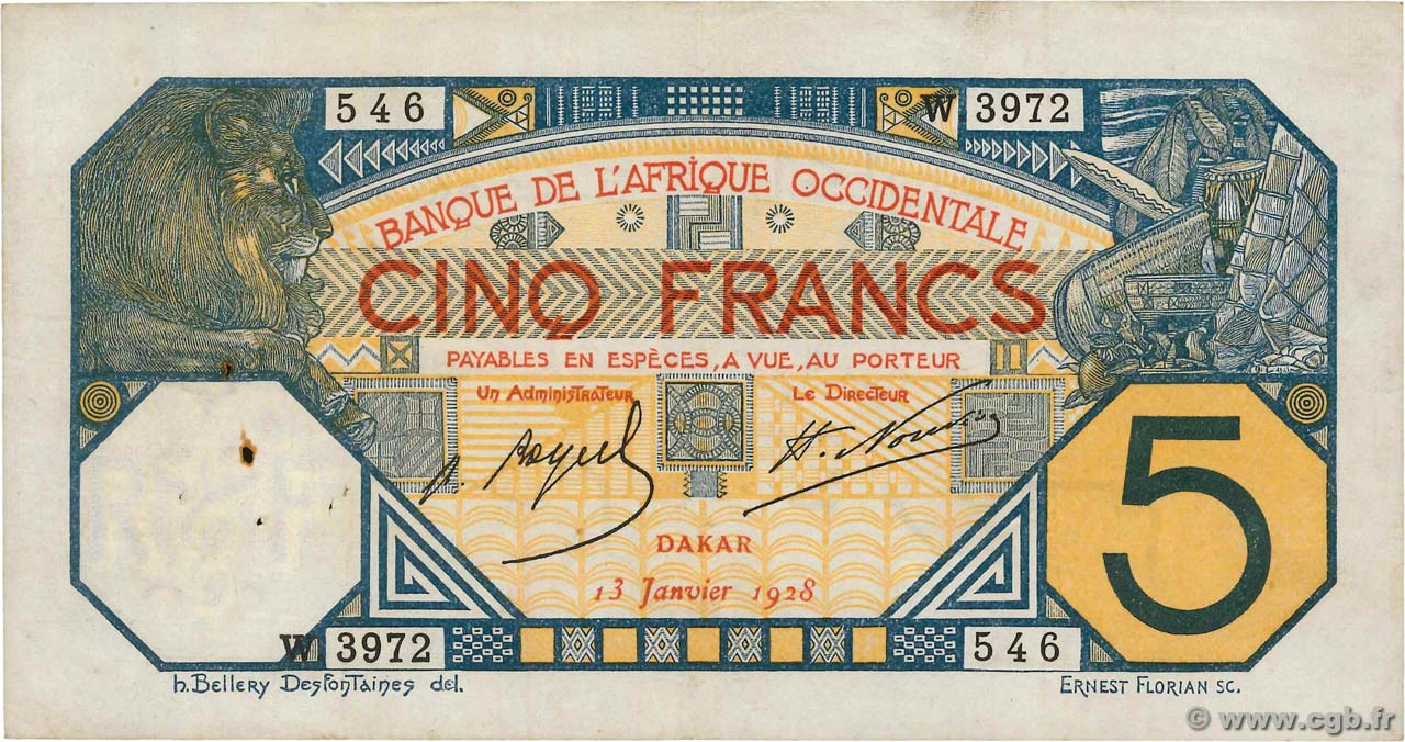 5 Francs DAKAR AFRIQUE OCCIDENTALE FRANÇAISE (1895-1958) Dakar 1928 P.05Be TTB