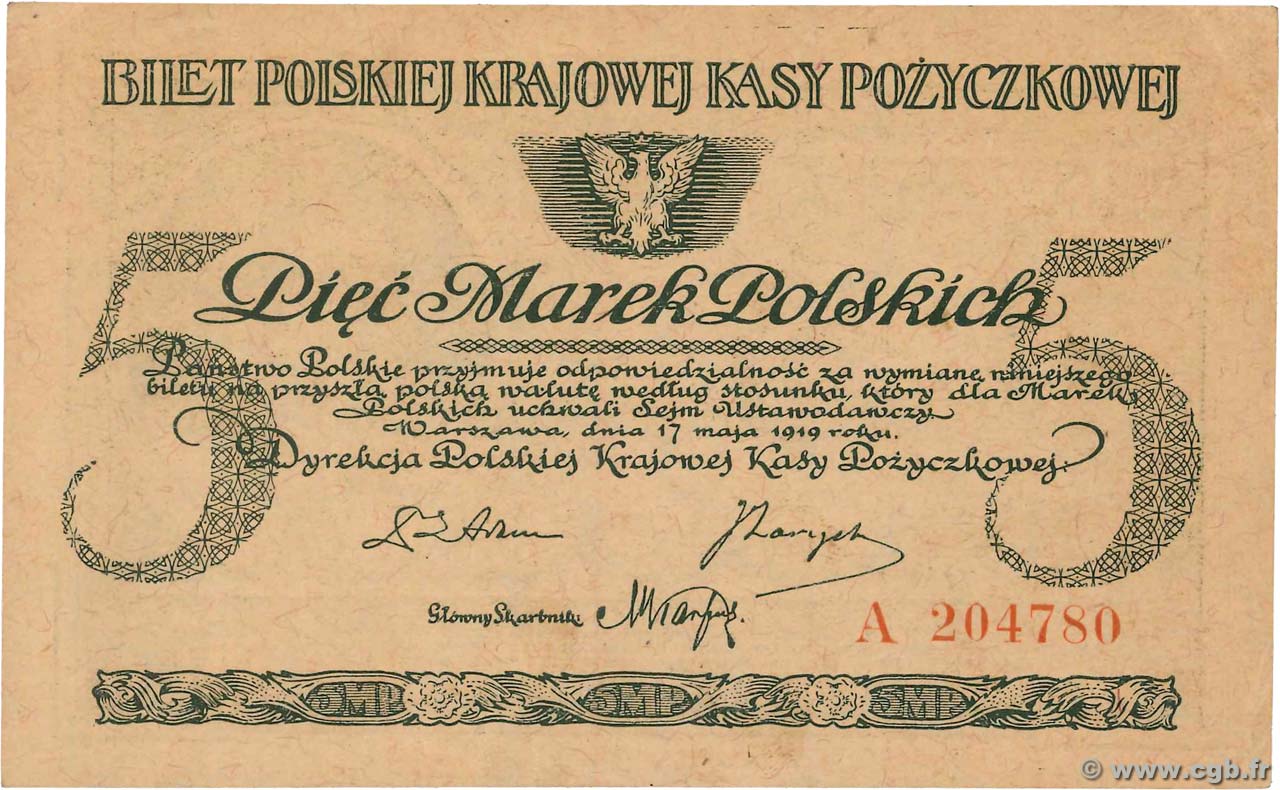 5 Marek POLOGNE  1919 P.020b pr.SPL