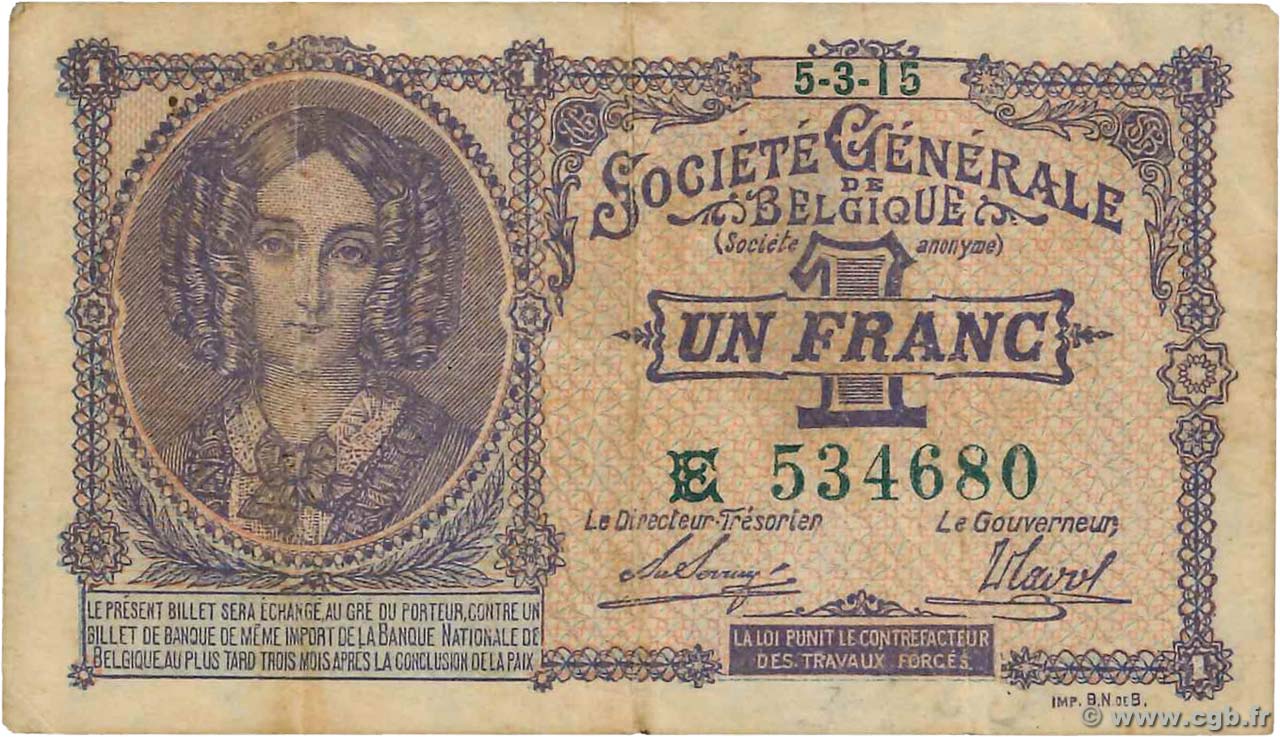 1 Franc BELGIUM  1915 P.086a VF