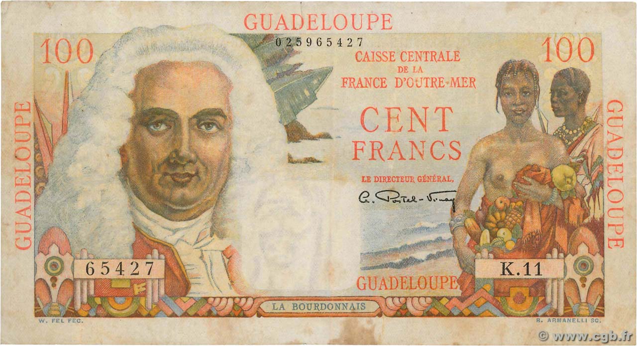 100 Francs La Bourdonnais GUADELOUPE  1946 P.35 TTB