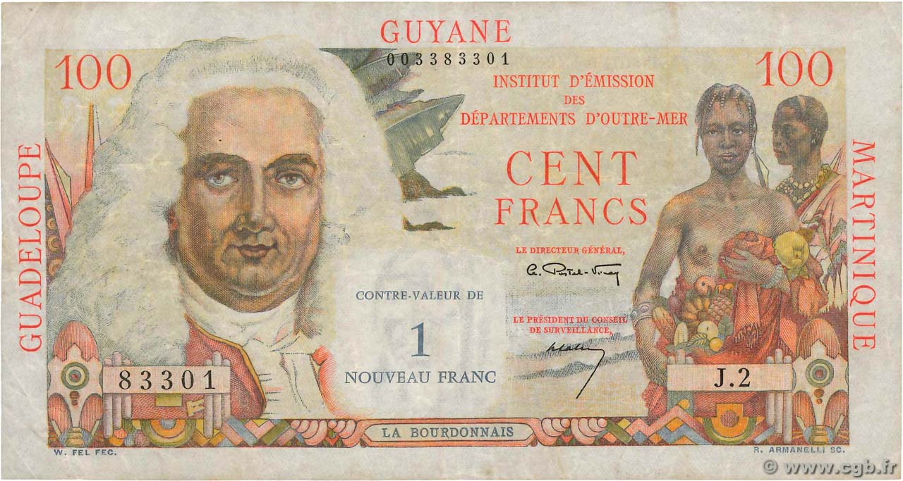 1 NF sur 100 Francs La Bourdonnais FRENCH ANTILLES  1960 P.01a F+