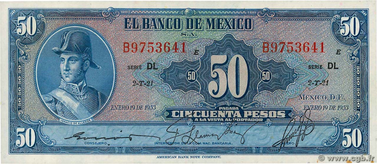 50 Pesos MEXICO  1953 P.049e q.FDC