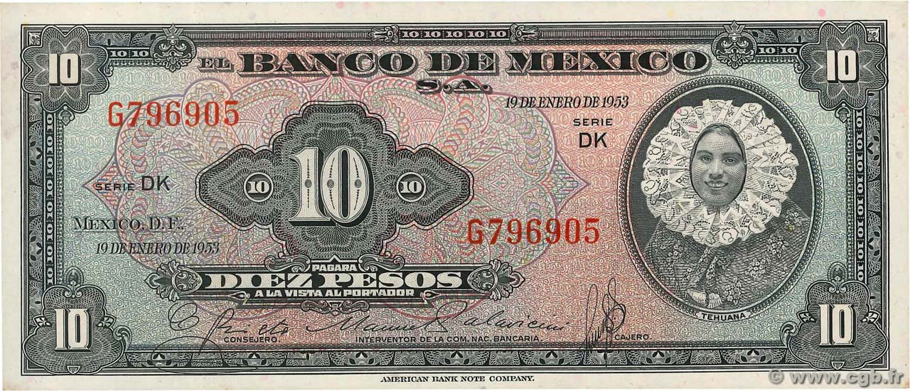 10 Pesos MEXICO  1953 P.053b ST