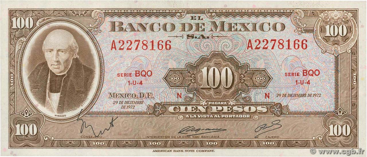100 Pesos MEXICO  1972 P.061h fST
