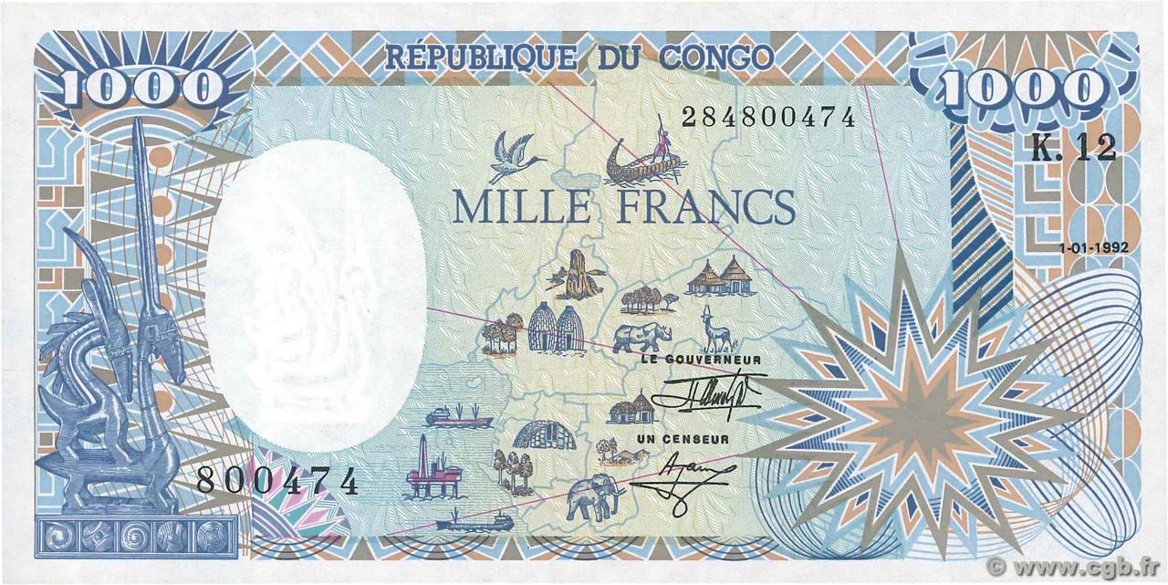 1000 Francs CONGO  1992 P.11 AU