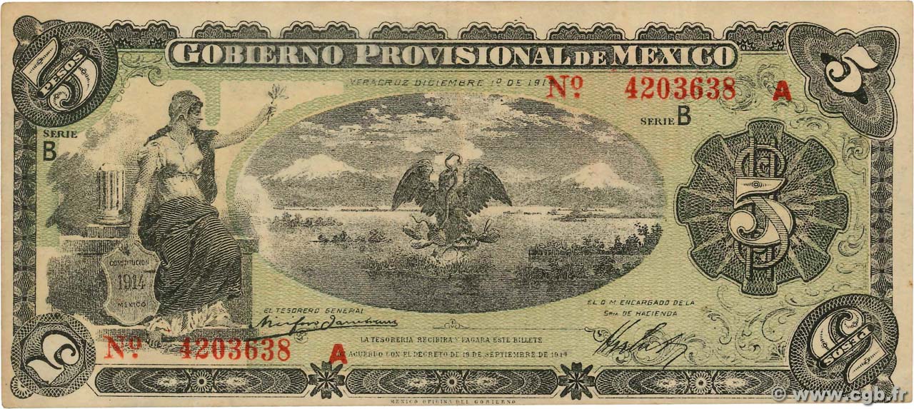 5 Pesos MEXICO Veracruz 1914 PS.1104a VF