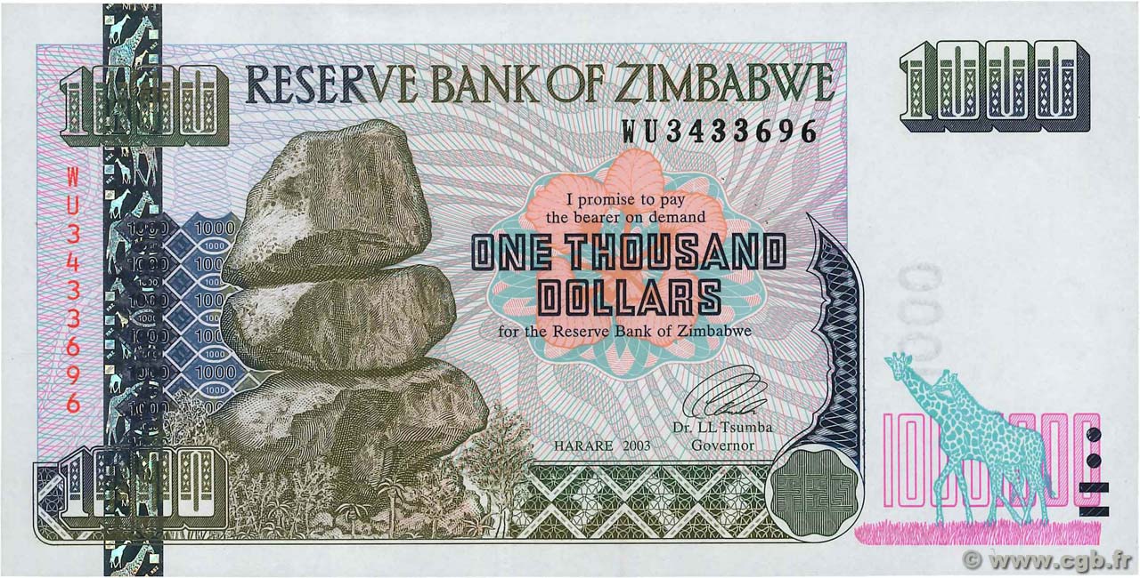 1000 Dollars ZIMBABWE  2003 P.12b UNC