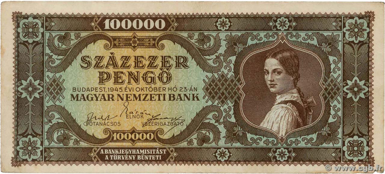 100000 Pengo HONGRIE  1945 P.121a TTB