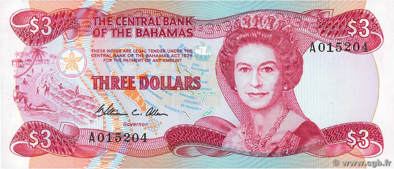 3 Dollars BAHAMAS  1974 P.44a ST