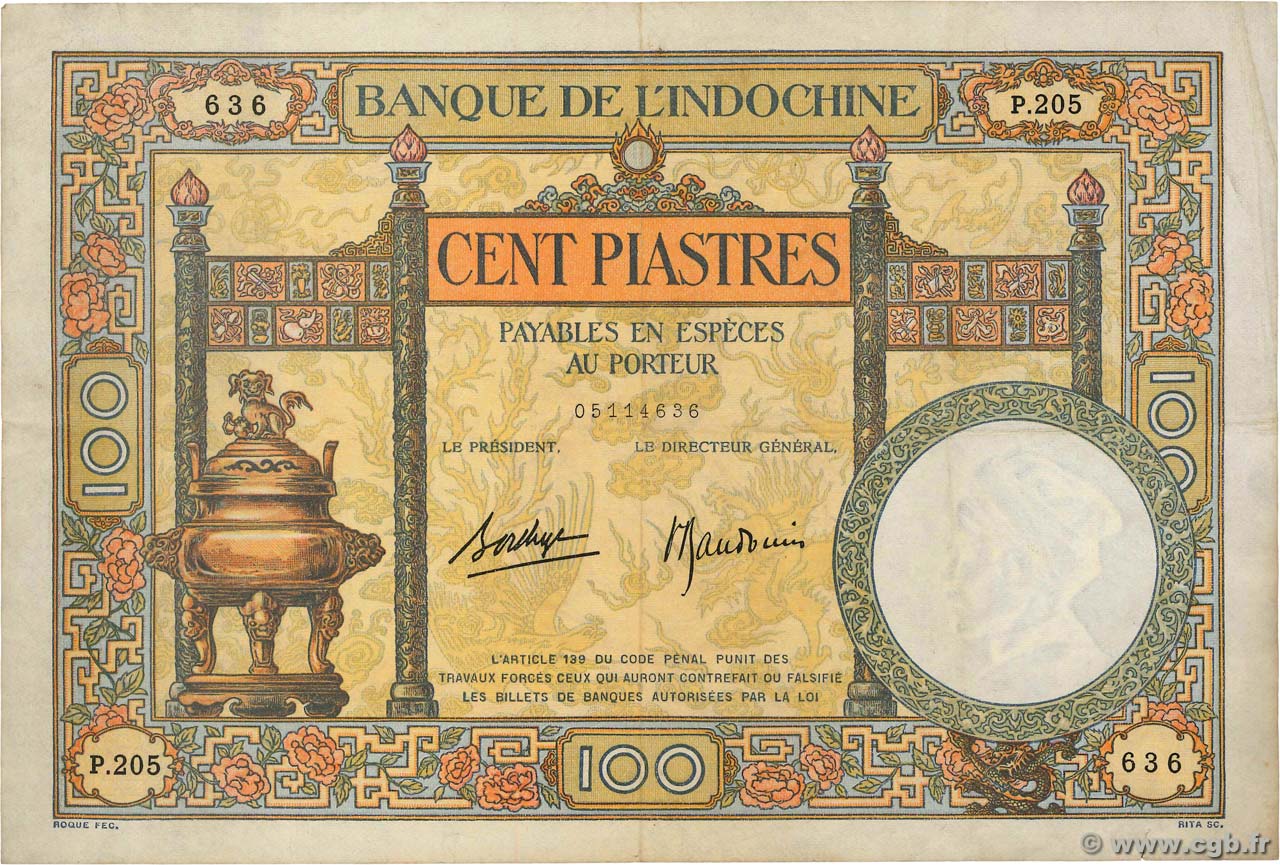 100 Piastres INDOCINA FRANCESE  1936 P.051d BB