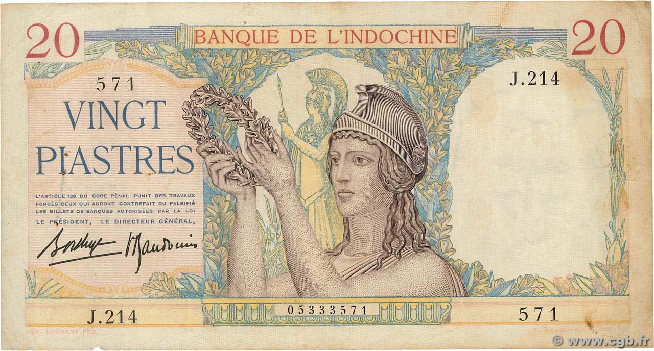 20 Piastres INDOCINA FRANCESE  1936 P.056b MB