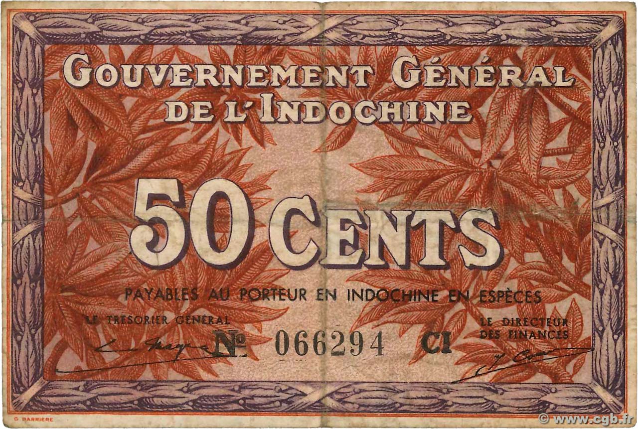 50 Cents FRENCH INDOCHINA  1939 P.087d F