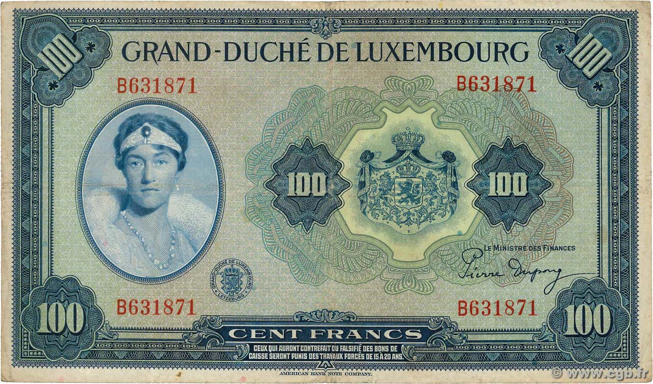 100 Francs LUXEMBOURG  1944 P.47a VF-
