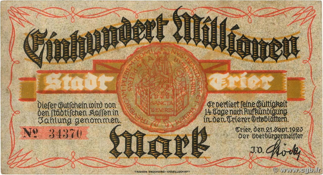 100 Million Mark ALLEMAGNE Trier - Trèves 1923  TTB