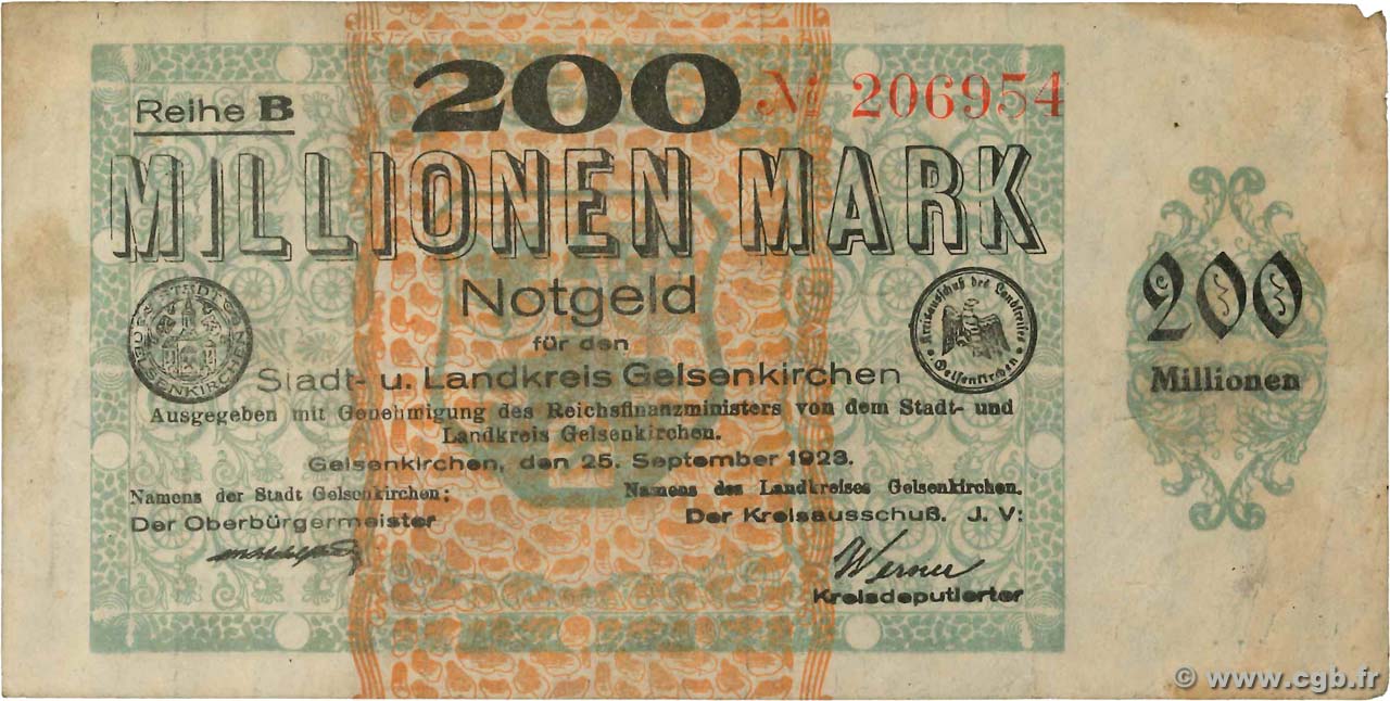200 Millions Mark DEUTSCHLAND Gelsenkirchen 1923  SS