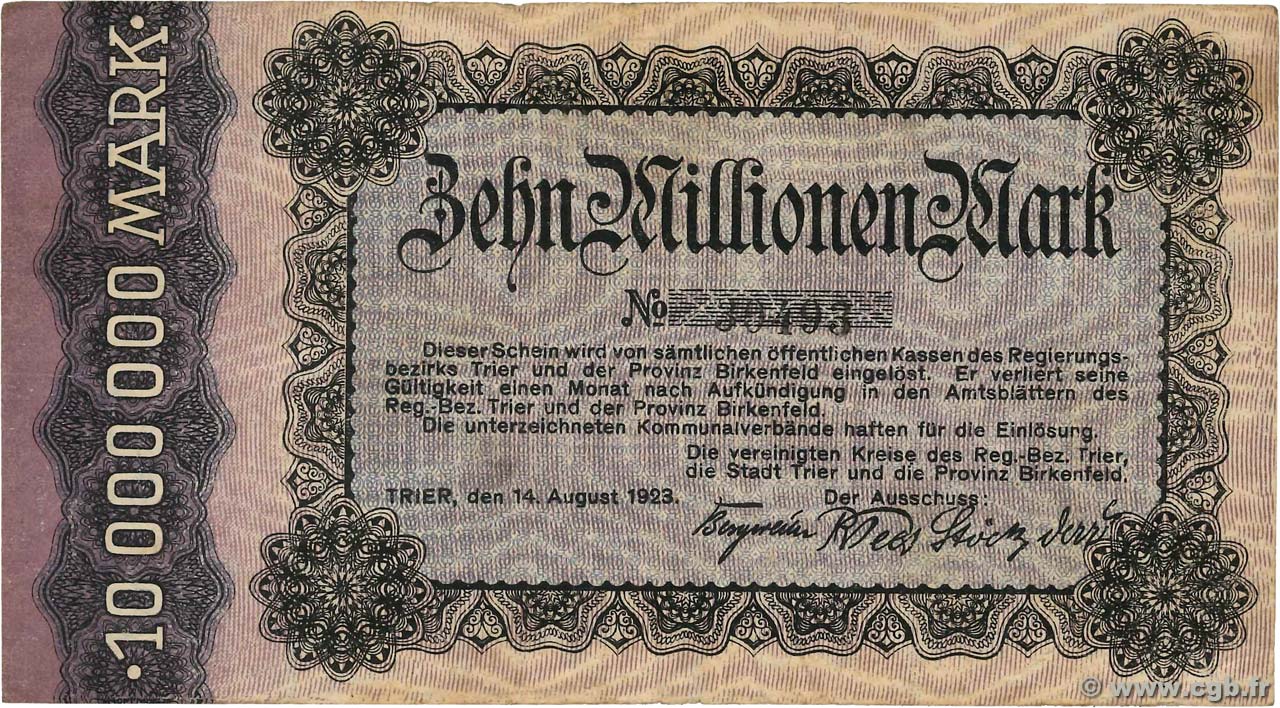 10 Millions Mark GERMANY Trier - Trèves 1923  VF