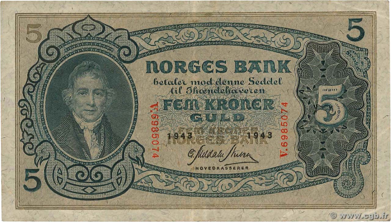 5 Kroner NORVÈGE  1943 P.07c TTB