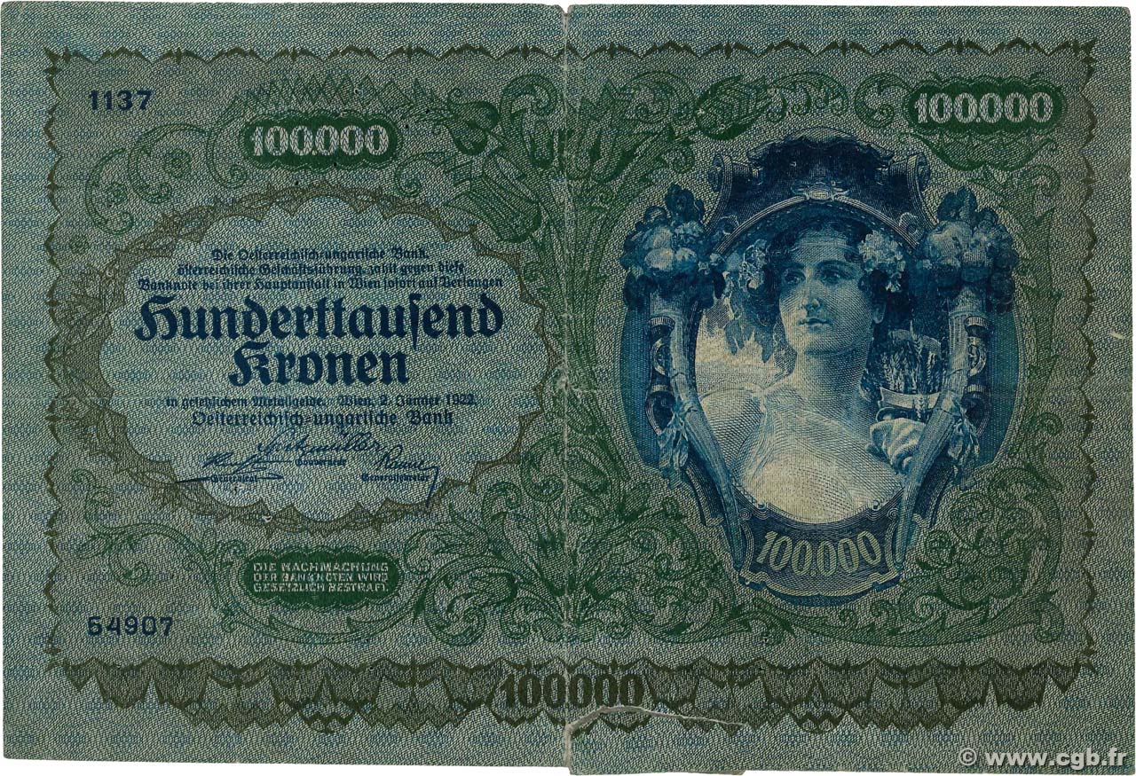 100000 Kronen AUTRICHE  1922 P.081 B
