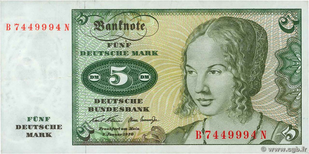 5 Deutsche Mark GERMAN FEDERAL REPUBLIC  1970 P.30a VF