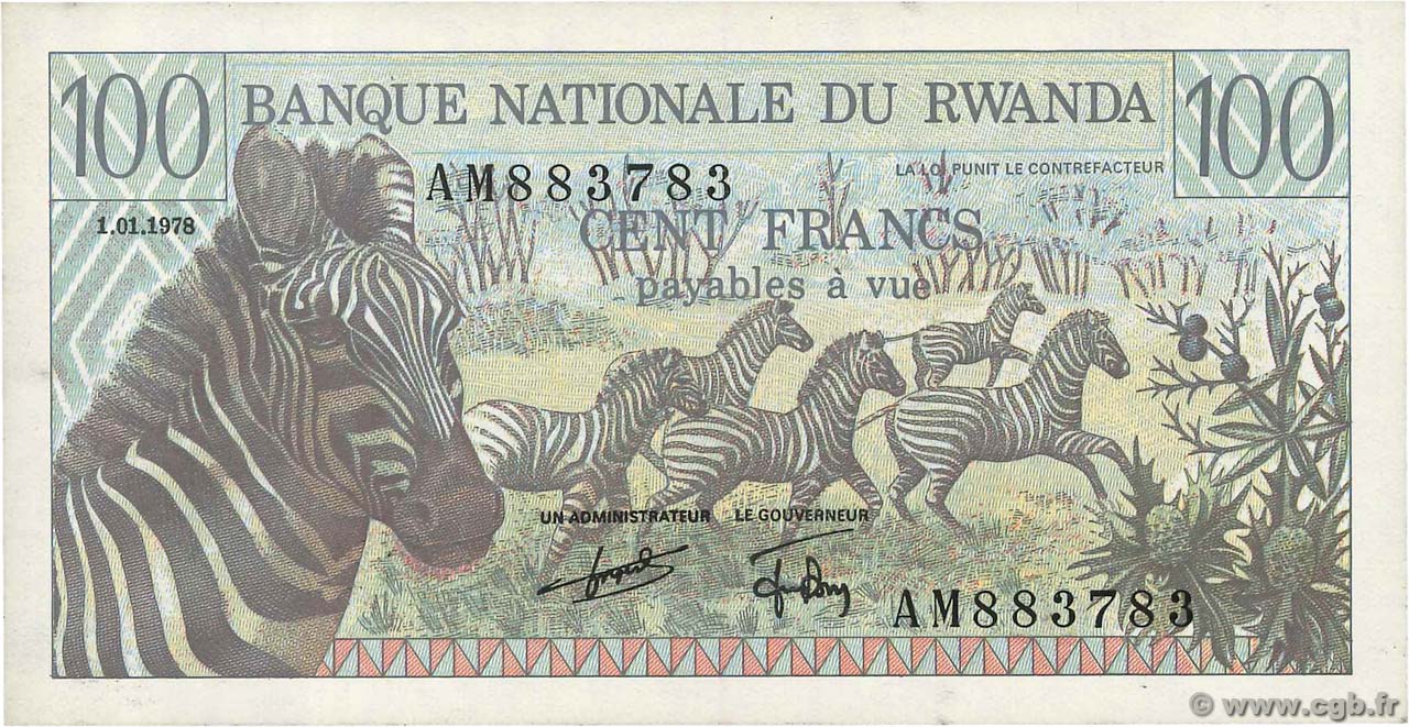 100 Francs RUANDA  1978 P.12a q.FDC
