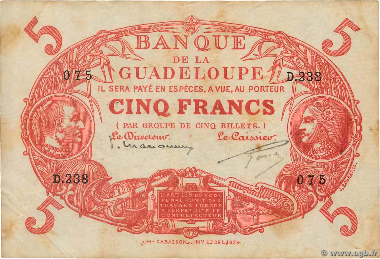 5 Francs Cabasson rouge GUADELOUPE  1934 P.07c TB