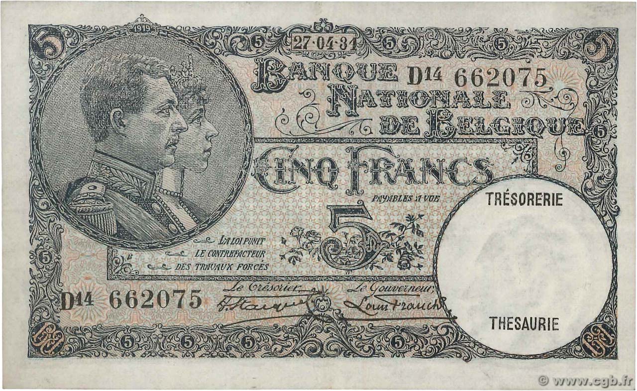 5 Francs BELGIQUE  1931 P.097b TTB+