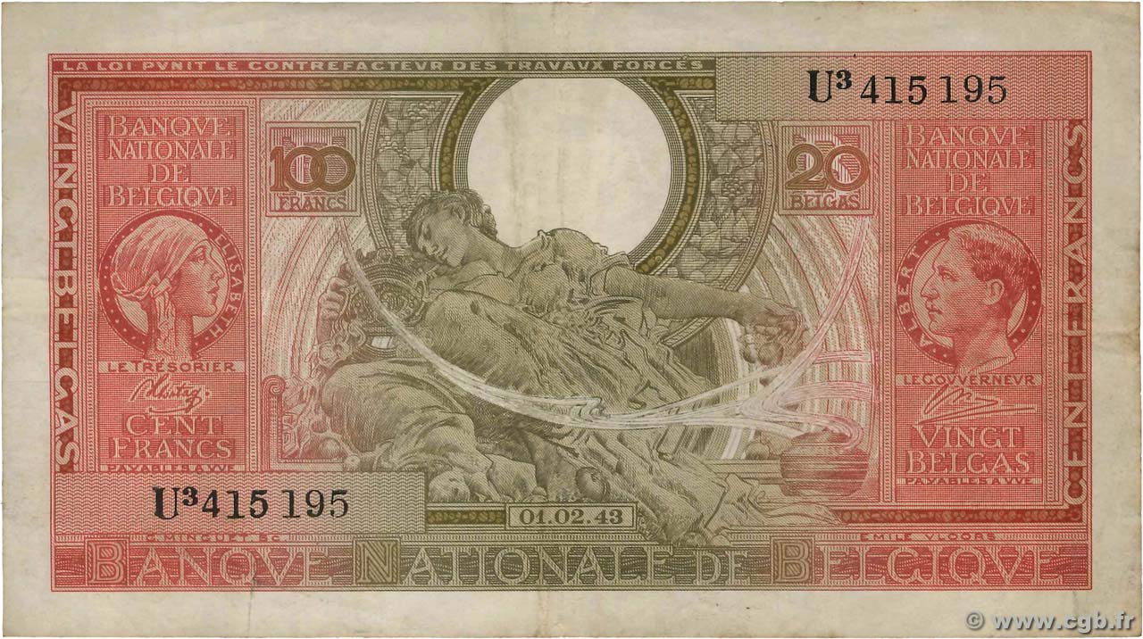 100 Francs - 20 Belgas BELGIUM  1943 P.123 F+