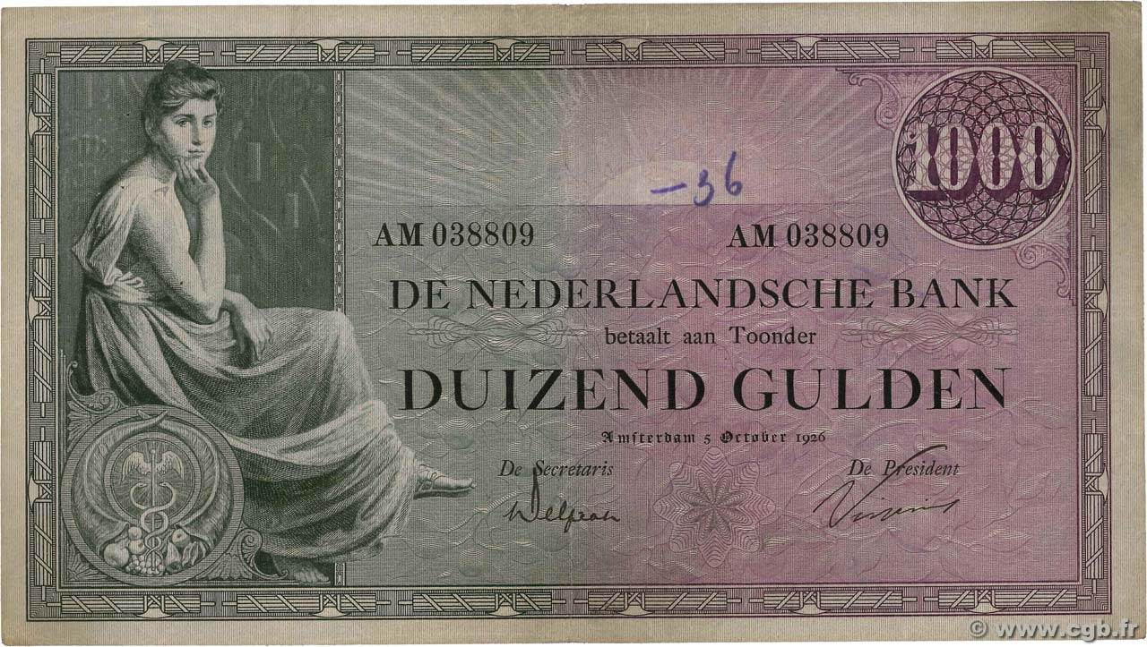 1000 Gulden NIEDERLANDE  1926 P.048 fSS