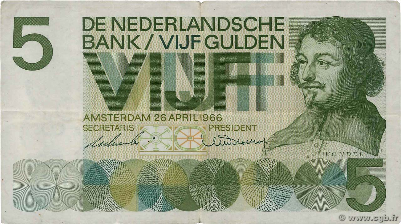 5 Gulden NETHERLANDS  1966 P.090a VF-