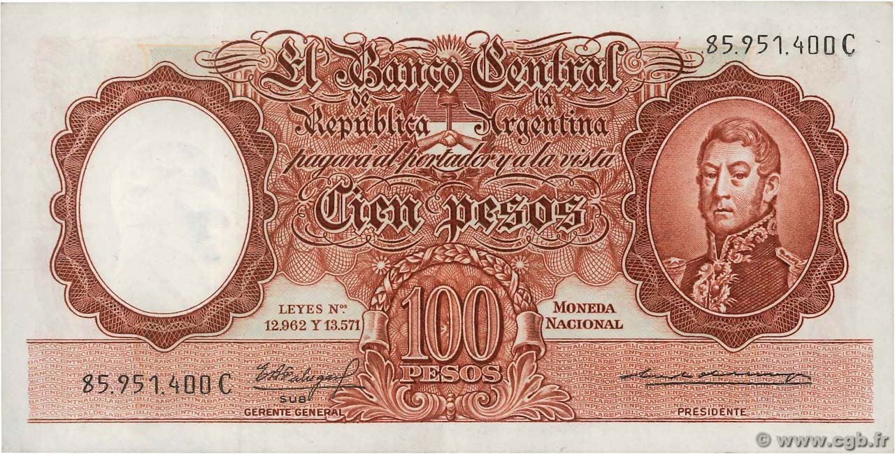 100 Pesos ARGENTINIEN  1957 P.272c VZ
