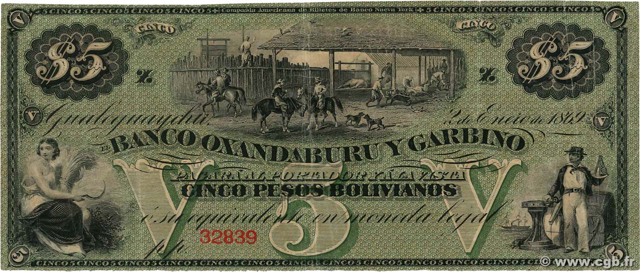 5 Pesos Bolivianos Non émis ARGENTINE  1869 PS.1783r TTB