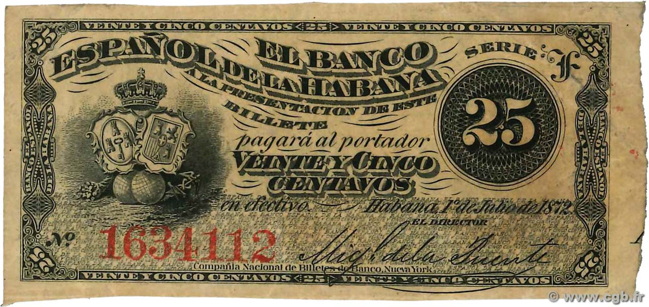 25 Centavos KUBA  1872 P.031a SS