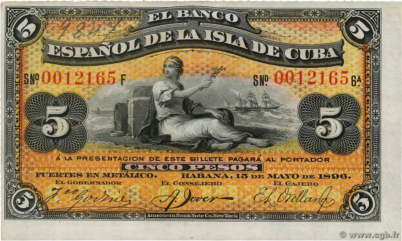5 Pesos CUBA  1896 P.048a SC