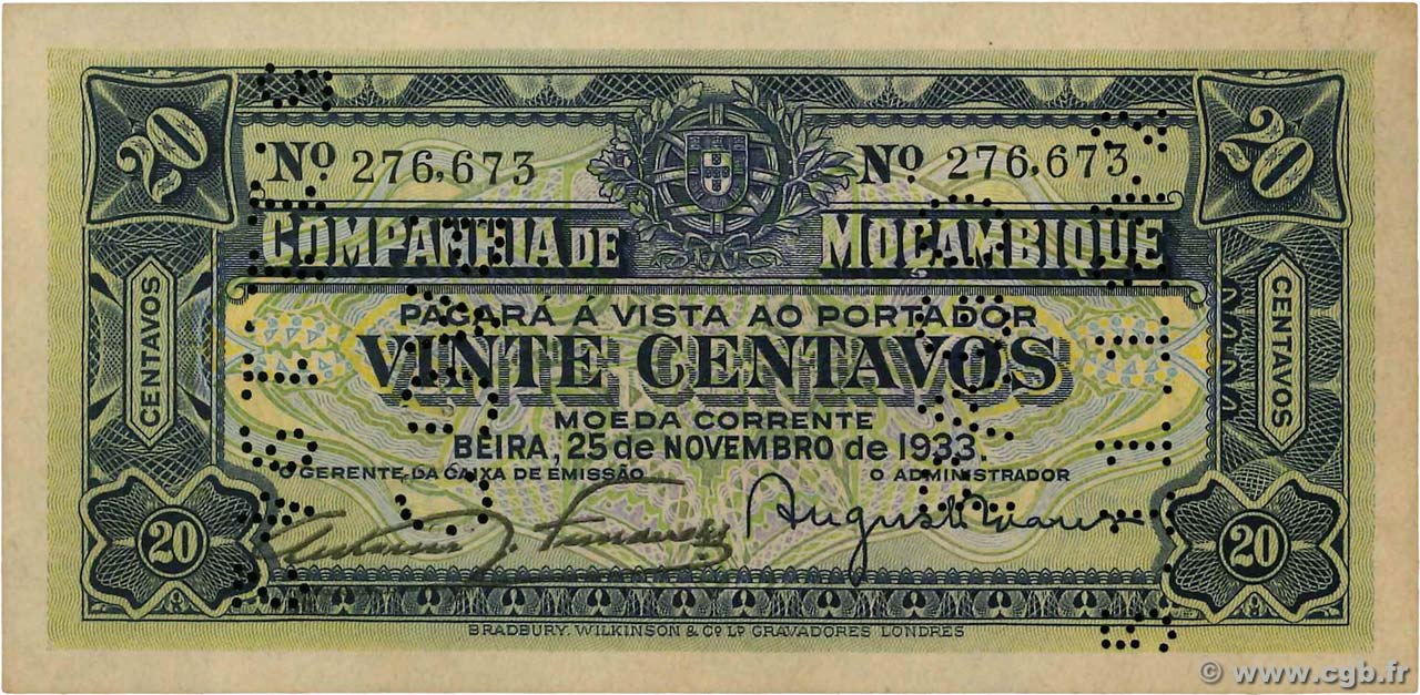 20 Centavos MOZAMBICO Beira 1933 P.R29 AU