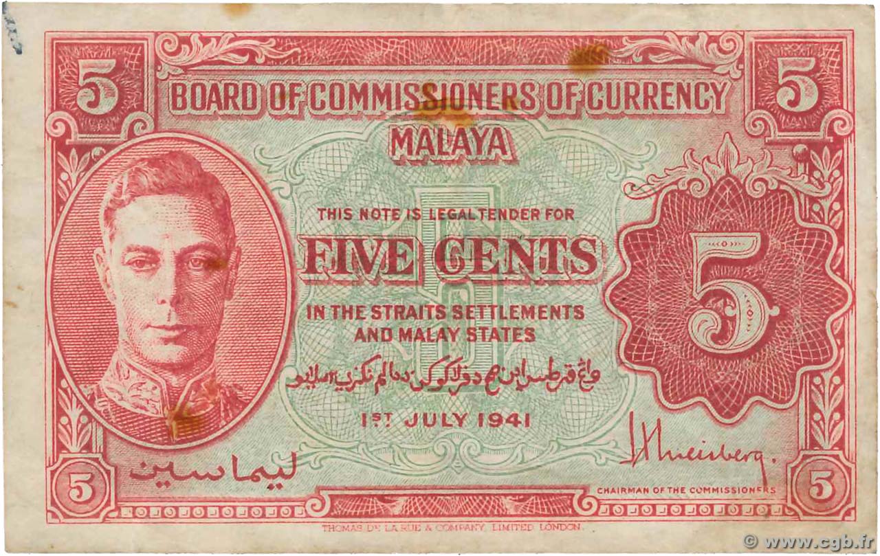 5 Cents MALAYA  1941 P.07a F+