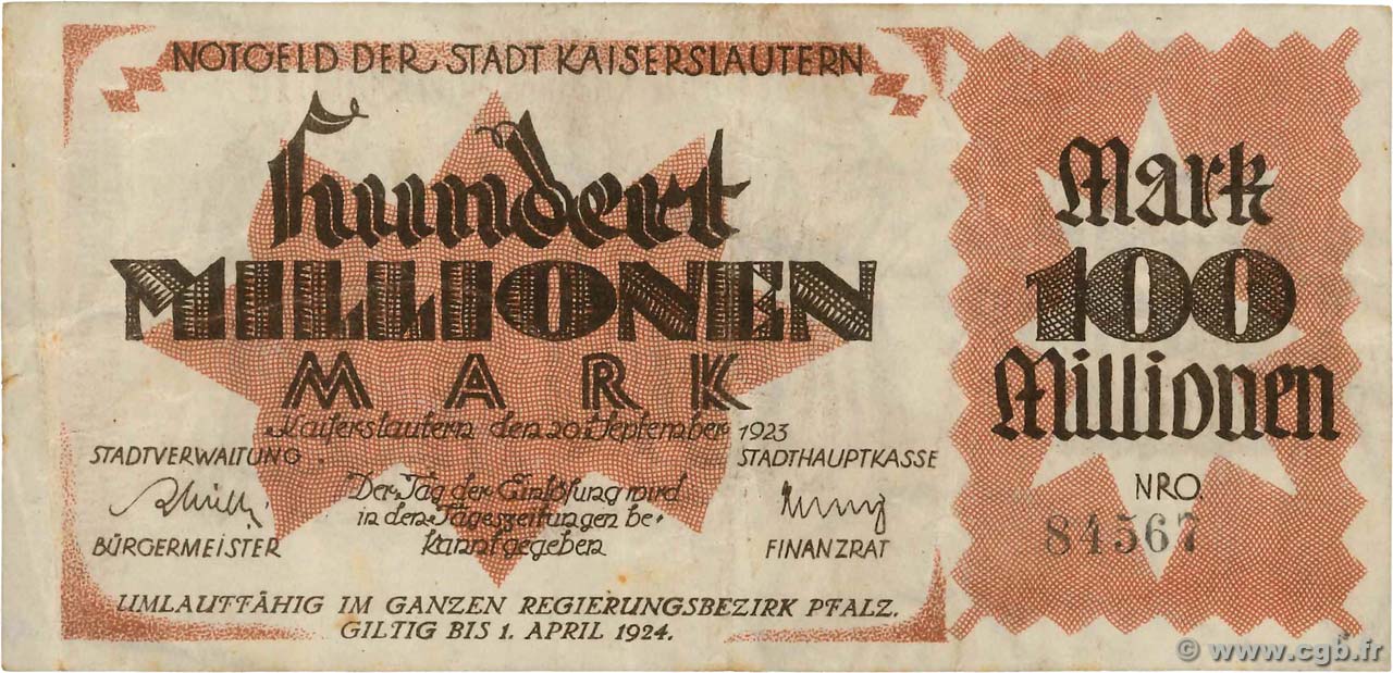 100 Millionen Mark GERMANY Kaiserslautern 1923  VF