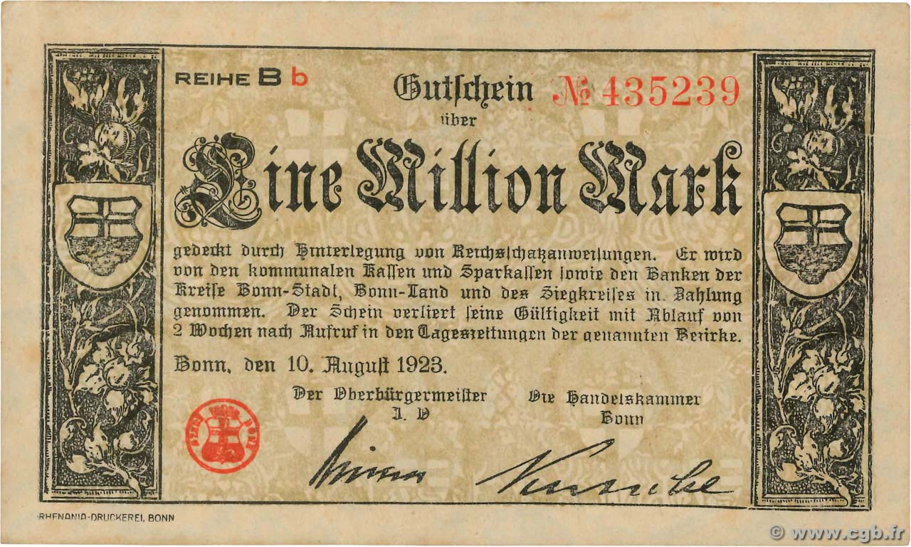 1 Million Mark GERMANIA Bonn 1923  SPL